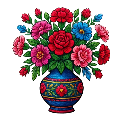 bouquet in vase, Hungarian Matyó folk embroidery illustration with dense rose-and-leaf scrollwork, vivid primary colors and fine chain-stitch detail
