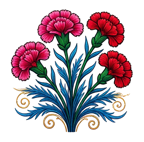 carnation cluster, Hungarian Matyó folk embroidery illustration with dense rose-and-leaf scrollwork, vivid primary colors and fine chain-stitch detail