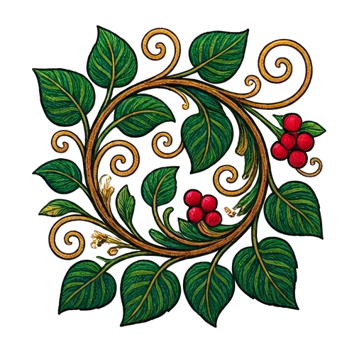 coiled vine with leaves, Hungarian Matyó folk embroidery illustration with dense rose-and-leaf scrollwork, vivid primary colors and fine chain-stitch detail