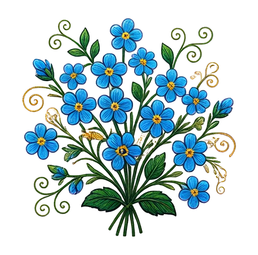 forget-me-not spray, Hungarian Matyó folk embroidery illustration with dense rose-and-leaf scrollwork, vivid primary colors and fine chain-stitch detail