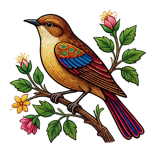 nightingale singing, Hungarian Matyó folk embroidery illustration with dense rose-and-leaf scrollwork, vivid primary colors and fine chain-stitch detail