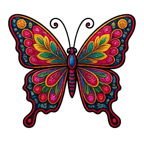 ornate butterfly, Hungarian Matyó folk embroidery illustration with dense rose-and-leaf scrollwork, vivid primary colors and fine chain-stitch detail