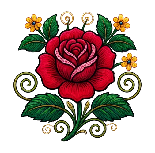 ornate hungarian rose, Hungarian Matyó folk embroidery illustration with dense rose-and-leaf scrollwork, vivid primary colors and fine chain-stitch detail