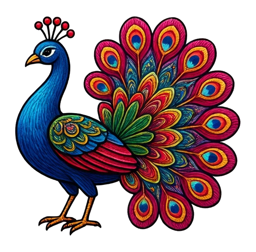 ornate peacock with tail, Hungarian Matyó folk embroidery illustration with dense rose-and-leaf scrollwork, vivid primary colors and fine chain-stitch detail