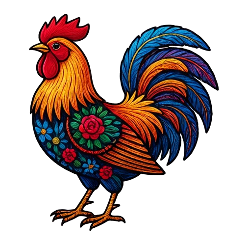 ornate rooster, Hungarian Matyó folk embroidery illustration with dense rose-and-leaf scrollwork, vivid primary colors and fine chain-stitch detail