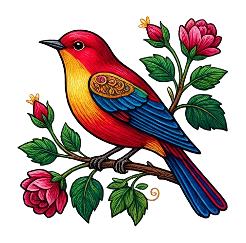 songbird on branch, Hungarian Matyó folk embroidery illustration with dense rose-and-leaf scrollwork, vivid primary colors and fine chain-stitch detail