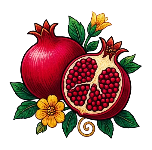 split pomegranate, Hungarian Matyó folk embroidery illustration with dense rose-and-leaf scrollwork, vivid primary colors and fine chain-stitch detail