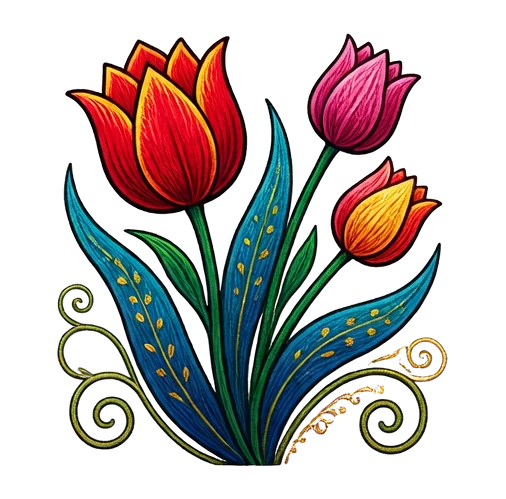 tulip with stems, Hungarian Matyó folk embroidery illustration with dense rose-and-leaf scrollwork, vivid primary colors and fine chain-stitch detail