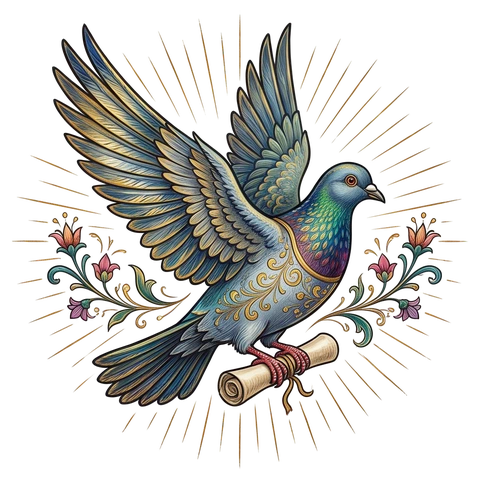 a carrier pigeon in flight, Medieval illuminated manuscript painting with burnished gold leaf, jewel-tone mineral pigments and fine penwork flourishes