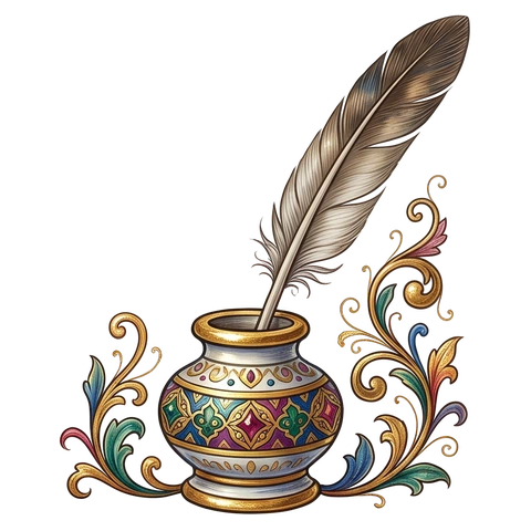 a quill standing in an inkwell, Medieval illuminated manuscript painting with burnished gold leaf, jewel-tone mineral pigments and fine penwork flourishes