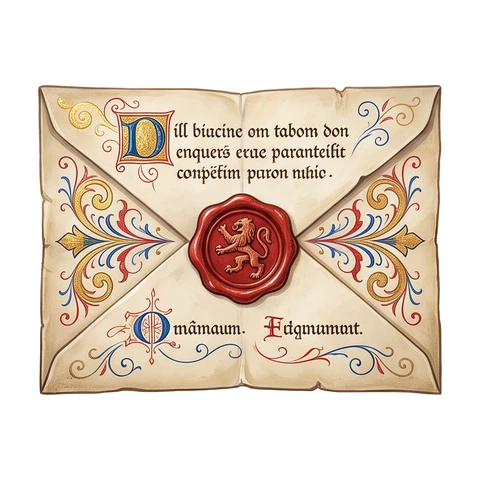 a wax-sealed letter, Medieval illuminated manuscript painting with burnished gold leaf, jewel-tone mineral pigments and fine penwork flourishes