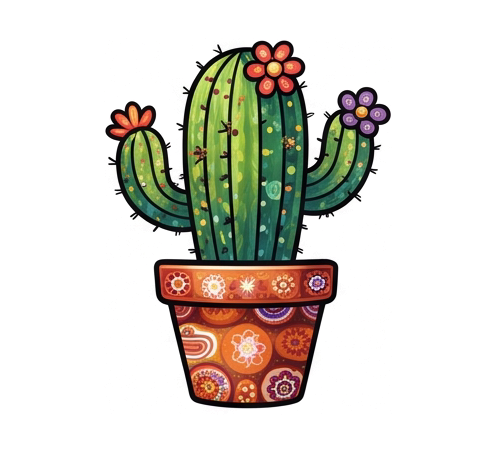 a cactus in a patterned pot, Venetian millefiori glass mosaic: subjects assembled from tightly packed slices of glass cane, each disc bearing its own tiny star, rosette, or concentric ring pattern, in luminous ruby, cobalt, amber, jade, and violet, glassy polished sheen, fine dark seams between the discs