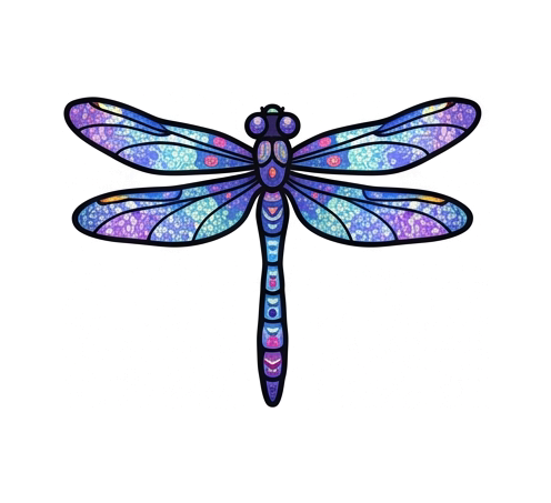 a dragonfly with double wings, Venetian millefiori glass mosaic: subjects assembled from tightly packed slices of glass cane, each disc bearing its own tiny star, rosette, or concentric ring pattern, in luminous ruby, cobalt, amber, jade, and violet, glassy polished sheen, fine dark seams between the discs