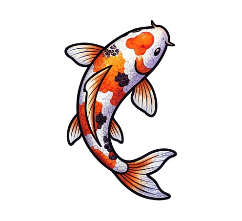 a koi fish mid-leap, Venetian millefiori glass mosaic: subjects assembled from tightly packed slices of glass cane, each disc bearing its own tiny star, rosette, or concentric ring pattern, in luminous ruby, cobalt, amber, jade, and violet, glassy polished sheen, fine dark seams between the discs