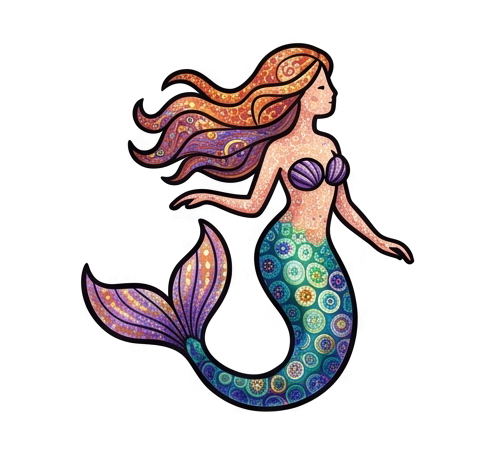 a mermaid with a curled tail, Venetian millefiori glass mosaic: subjects assembled from tightly packed slices of glass cane, each disc bearing its own tiny star, rosette, or concentric ring pattern, in luminous ruby, cobalt, amber, jade, and violet, glassy polished sheen, fine dark seams between the discs