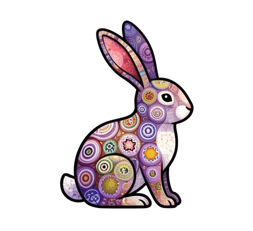 a rabbit sitting upright with ears tall, Venetian millefiori glass mosaic: subjects assembled from tightly packed slices of glass cane, each disc bearing its own tiny star, rosette, or concentric ring pattern, in luminous ruby, cobalt, amber, jade, and violet, glassy polished sheen, fine dark seams between the discs