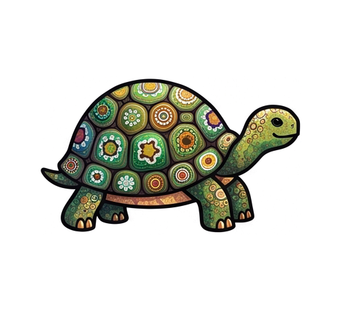 a tortoise with a domed shell, Venetian millefiori glass mosaic: subjects assembled from tightly packed slices of glass cane, each disc bearing its own tiny star, rosette, or concentric ring pattern, in luminous ruby, cobalt, amber, jade, and violet, glassy polished sheen, fine dark seams between the discs
