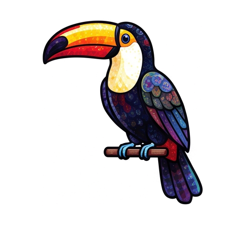 a toucan with an oversized beak, Venetian millefiori glass mosaic: subjects assembled from tightly packed slices of glass cane, each disc bearing its own tiny star, rosette, or concentric ring pattern, in luminous ruby, cobalt, amber, jade, and violet, glassy polished sheen, fine dark seams between the discs