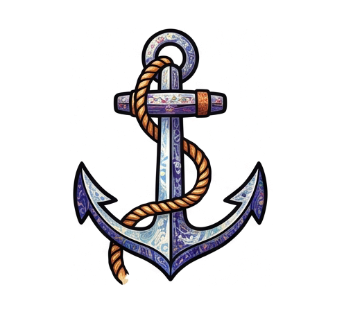 an anchor wrapped in rope, Venetian millefiori glass mosaic: subjects assembled from tightly packed slices of glass cane, each disc bearing its own tiny star, rosette, or concentric ring pattern, in luminous ruby, cobalt, amber, jade, and violet, glassy polished sheen, fine dark seams between the discs