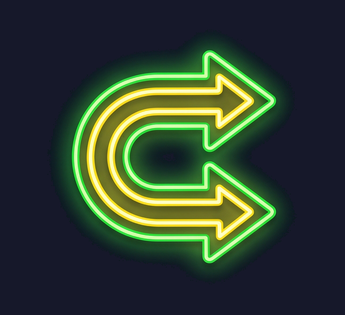 a curving arrow sign, Hand-bent neon sign illustration with vivid glowing glass tubes and tight warm halation