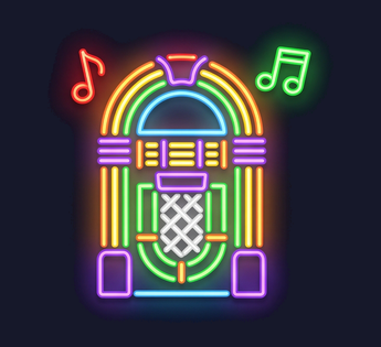 a jukebox, Hand-bent neon sign illustration with vivid glowing glass tubes and tight warm halation