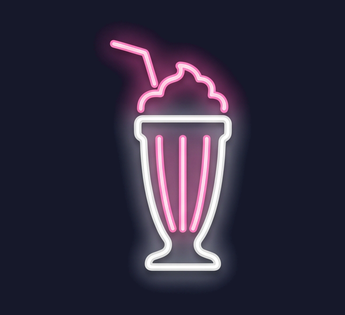 a milkshake with a straw, Hand-bent neon sign illustration with vivid glowing glass tubes and tight warm halation
