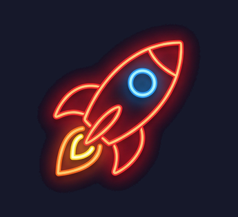 a retro rocket, Hand-bent neon sign illustration with vivid glowing glass tubes and tight warm halation