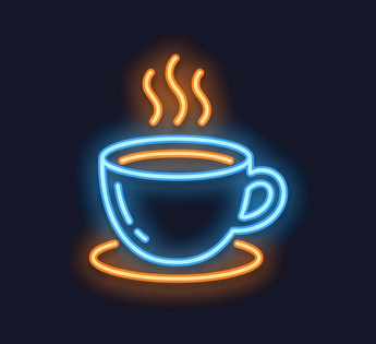 a steaming coffee cup, Hand-bent neon sign illustration with vivid glowing glass tubes and tight warm halation