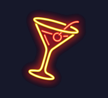 a tilted cocktail glass, Hand-bent neon sign illustration with vivid glowing glass tubes and tight warm halation