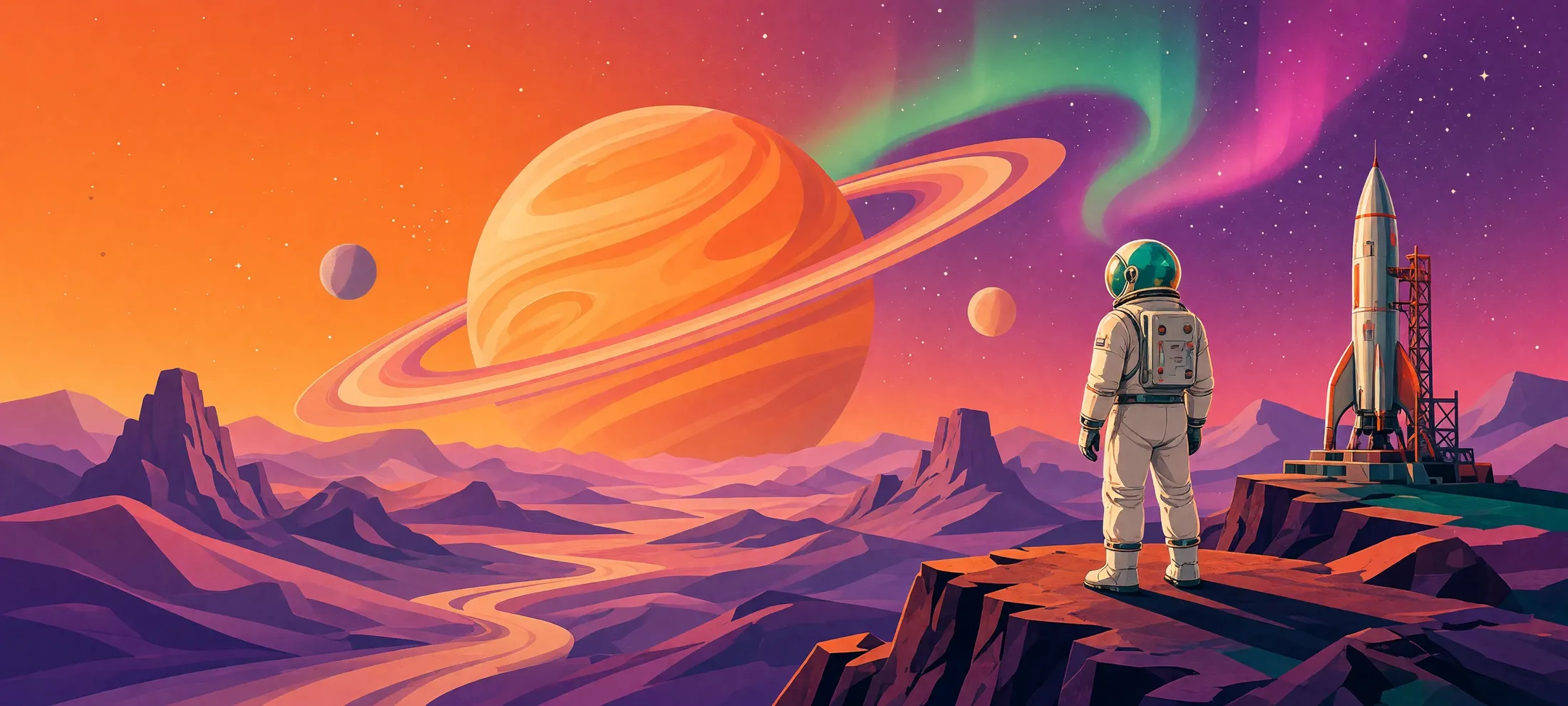 The hero illustration: a lone traveler in a chrome-trimmed spacesuit at the lip of a canyon as a colossal ringed planet rises over violet dunes, an aurora overhead and a finned rocket on the launch pad behind