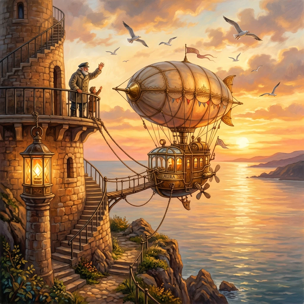 A small brass-and-glass airship moored to a clifftop lighthouse at sunset: the keeper waves from the railed gallery, gulls wheel overhead, and warm amber light spills across a calm sea far below. Painterly storybook illustration, rich and detailed, luminous golden-hour palette