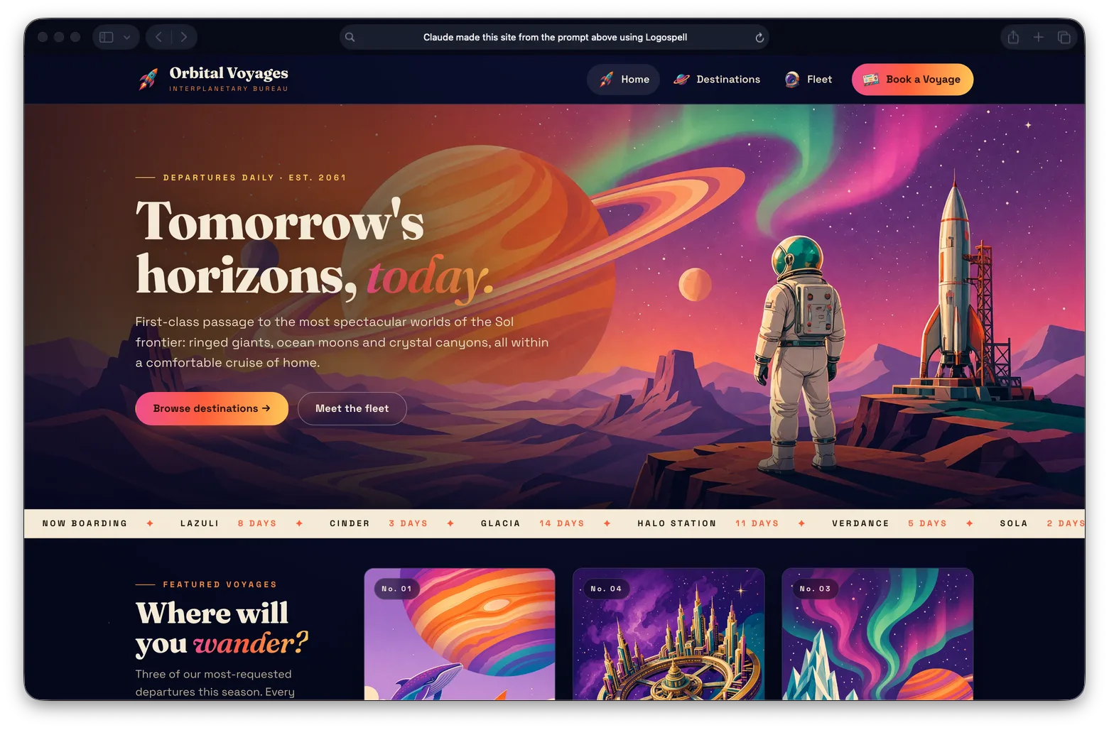 The Orbital Voyages site built with Logospell: a fully illustrated hero of an astronaut on a sunset canyon below a ringed planet and aurora, with a colorful icon row