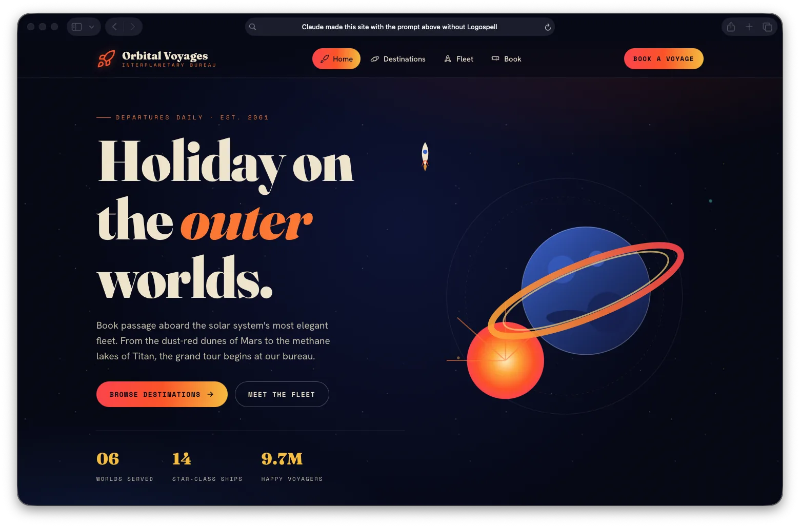 The Orbital Voyages site built without Logospell: crude flat-SVG planet and rocket shapes
