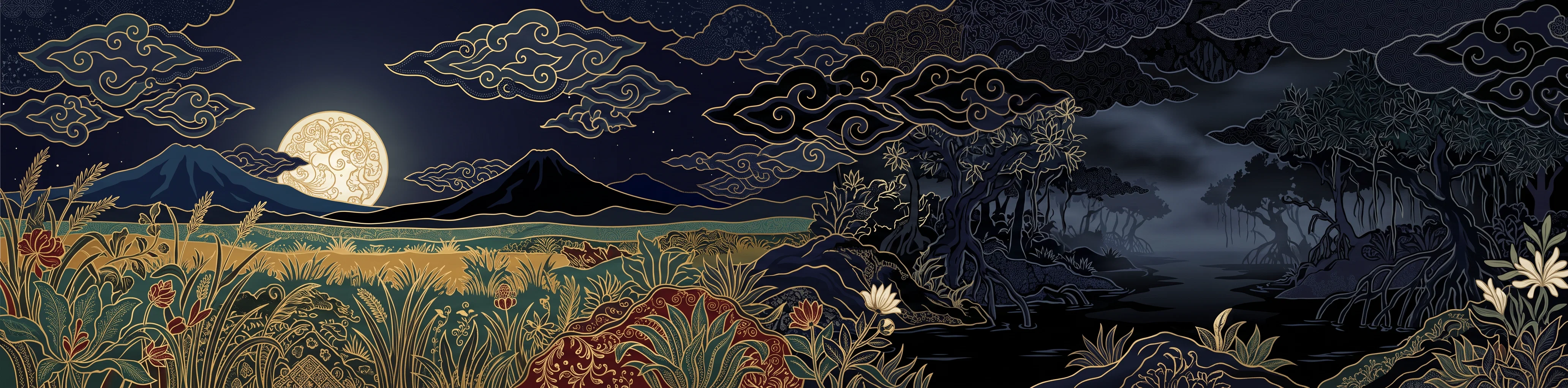 The panorama behind the game: a moonlit meadow with volcanoes and batik clouds that turns into a dark mangrove swamp