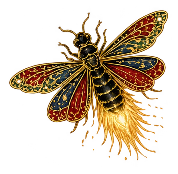 the firefly flashing, wings thrown wide