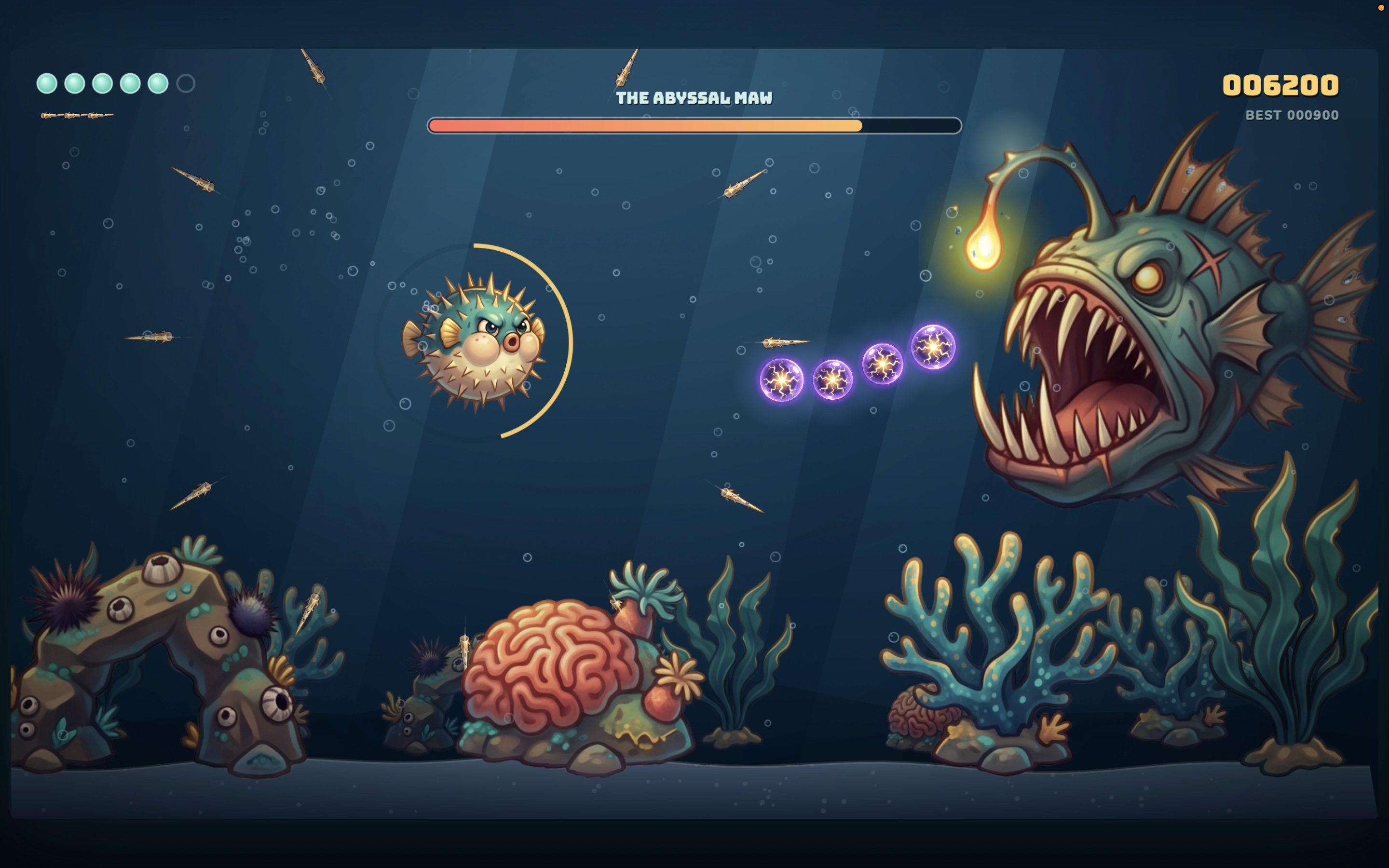 Quillstorm gameplay: the pufferfish firing quills across a reef at incoming enemies